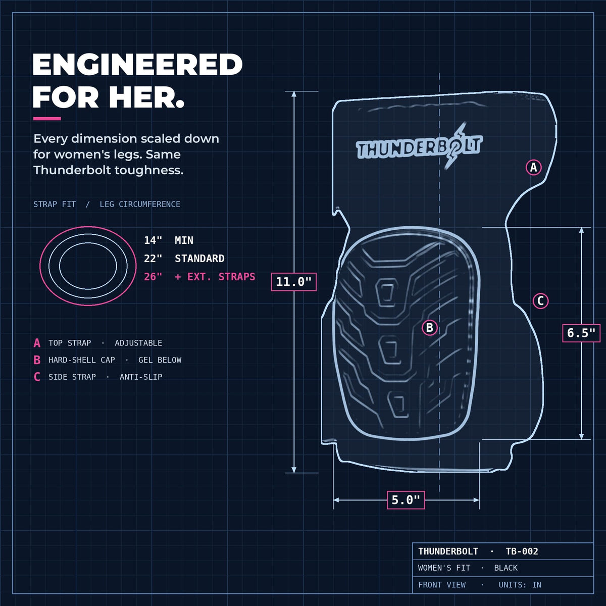 Women's Elite black knee pad dimensions, engineered for her