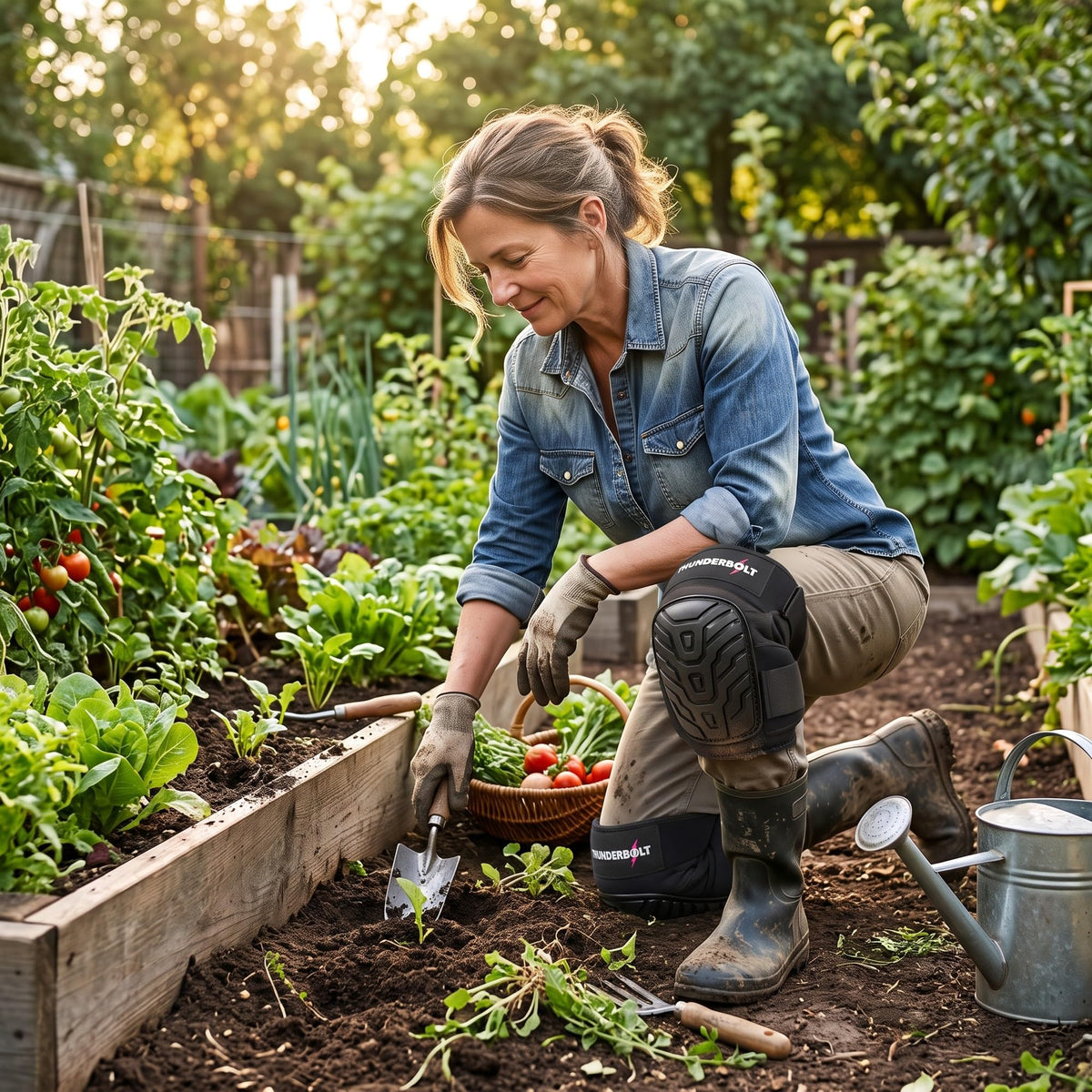 Woman gardening in black Thunderbolt knee pads