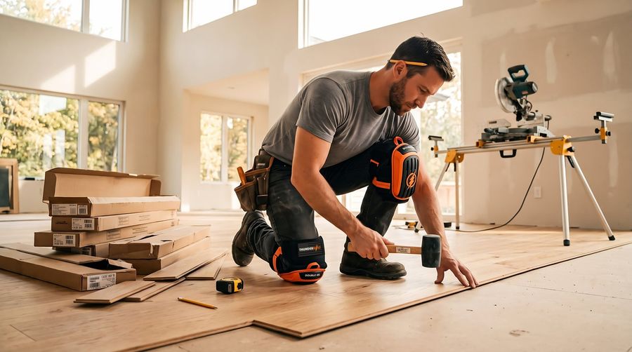 Flooring installer kneeling on a new hardwood floor in Thunderbolt knee pads