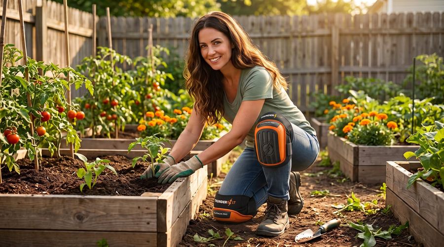 Gardener kneeling by a raised bed in orange Thunderbolt knee pads
